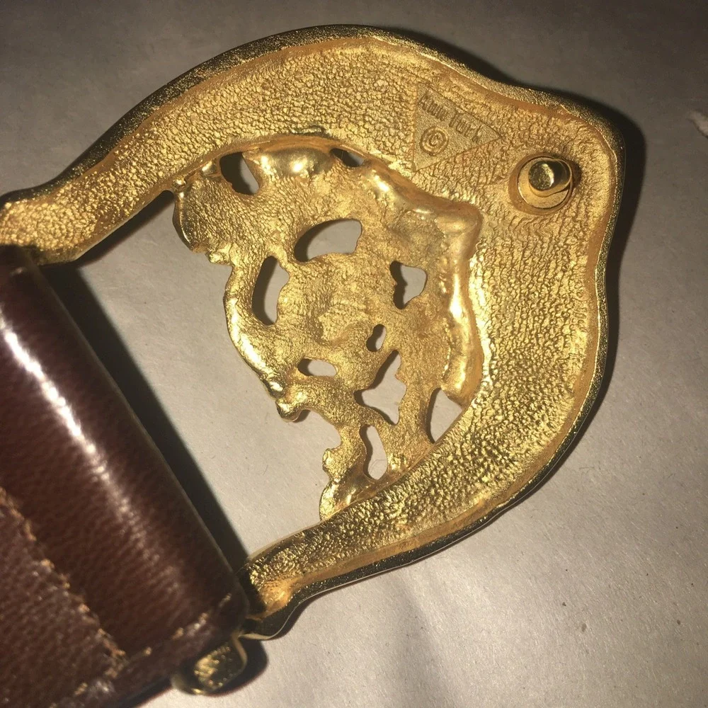 80's Leather Belt with Gold Cherub Buckle by Glen Miller For Ann Turk (Sm) Rare